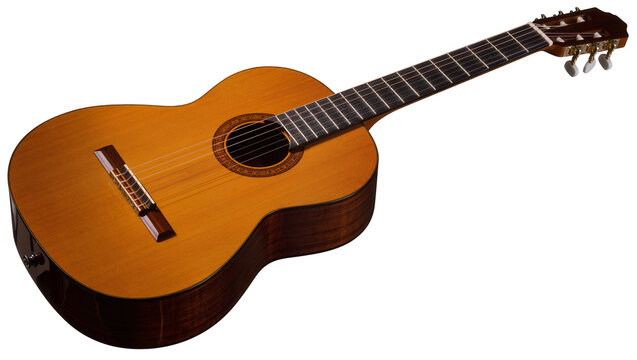 Classic acoustic guitar with polished wooden body dark tuning pegs and six steel strings, isolated on transparent background for musical designs