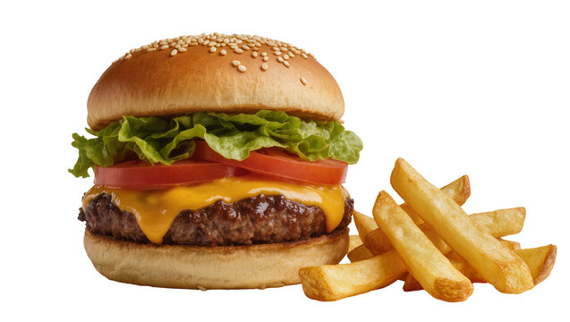 Juicy beef burger with sesame seed bun crisp lettuce melted cheese and golden french fries, isolated on transparent background for menu design