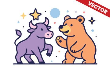 Fototapeta premium Cute Purple Bull and Brown Bear Cartoon Style Illustration for Creative Finance Projects Investment Apps and Social Media Content About Stock Market Trends and Personal Wealth Management