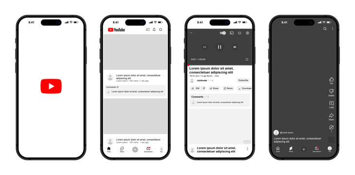 YouTube UI 2026 layout showing home feed, video player, short videos, live stream, trending, subscriptions, comments, and modern interface panels in detailed vector illustration
