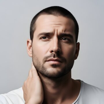 Serious expression of a man with short dark hair and beard