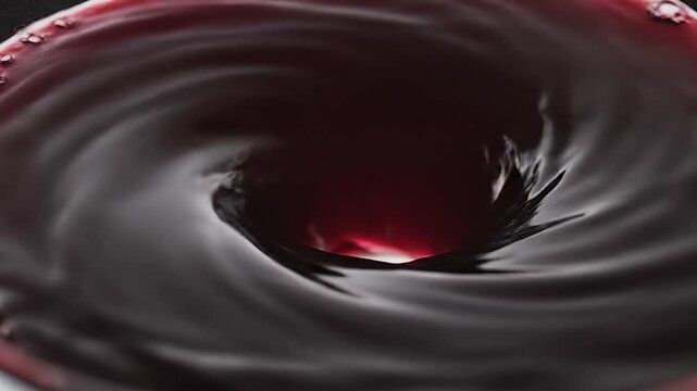 A dark red liquid forms a vortex, creating a mesmerizing swirl