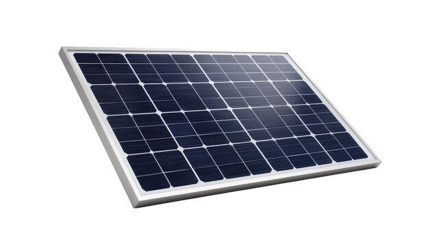 Modern rectangular solar panel with dark blue photovoltaic cells and silver aluminum frame, isolated on transparent background for renewable energy concepts