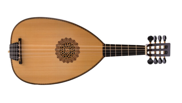 Antique pear-shaped lute with intricate rosette soundhole featuring six gut strings and elegant wooden tuning pegs, isolated on transparent background for musical designs