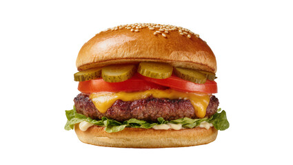 Juicy cheeseburger with sesame seed bun crisp lettuce ripe tomato tangy pickles and grilled patty, isolated on transparent background for menu designs