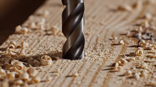 A metal drill bit bores into a wooden surface, creating sawdust