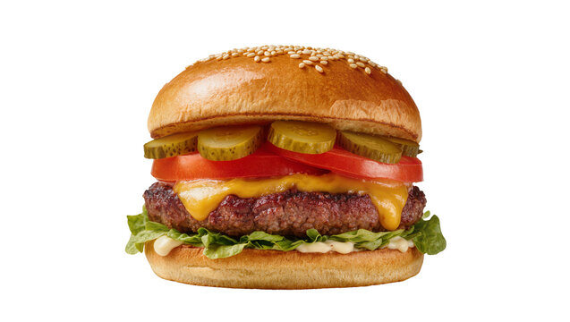 Juicy cheeseburger with sesame seed bun crisp lettuce ripe tomato tangy pickles and grilled patty, isolated on transparent background for menu designs