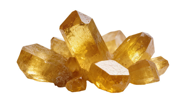 Rough golden-yellow citrine crystal cluster with sharp prismatic formations, isolated on transparent background for mineralogy displays
