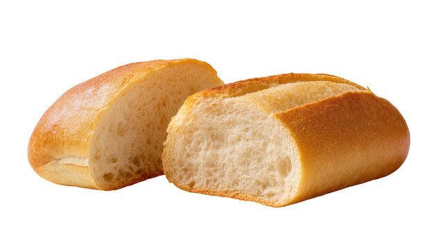 Rustic golden brown baguette loaf halved lengthwise revealing airy crumb structure, isolated on transparent background for culinary advertising
