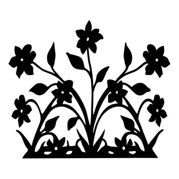 Vintage floral silhouette vector, black garden flower bush with leaves, decorative botanical ornament for laser cutting and vinyl decals