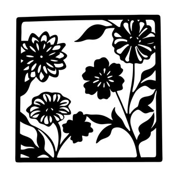 Floral laser cut template with botanical silhouettes, decorative flower square frame vector, black and white garden blossoms for paper cutting