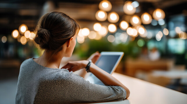 Warm and candid close up of an anonymous young woman from behind seated at a wide white desk in a modern open office a thin tablet in one hand held at a slight angle showing