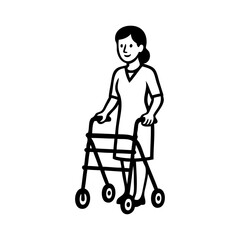 Dibujo sencillo con líneas de una mujer usando un andador de movilidad para los desplazamientos diarios © teracreonte