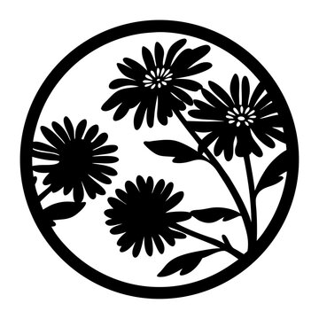 Black floral silhouette in circular frame, minimalist daisy flower vector illustration, botanical garden blossoms for laser cutting and vinyl decals