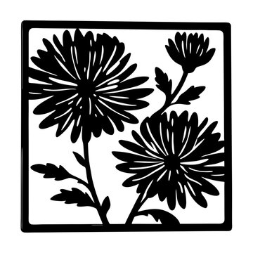 Chrysanthemum flower silhouette vector, black floral stencil in square frame, botanical garden blossom illustration for laser cutting and vinyl decals