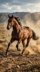 Obraz premium Brown horse, running free, wild animal, desert landscape
