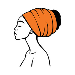 Logotipo boutique de moda. Dibujo de una mujer negra africana con un pañuelo de color naranja en la cabeza, de perfil © teracreonte