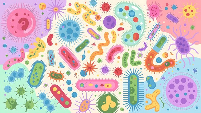 Colorful hand-drawn set of microscopic bacteria and viruses for medical and scientific research concepts