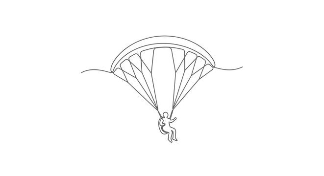 Minimalist line art depicting a skydiver suspended from a parachute. Simple and elegant