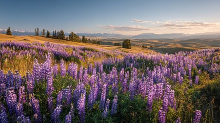 Obraz premium Rolling hills dotted with lupine blossoms under a clear blue sky