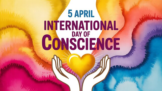 International day of conscience on 5 april featuring a golden heart held by hands on a watercolor background