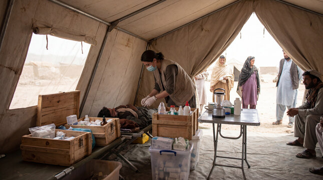 A female medical worker wearing a mask and gloves provides care to a patient lying on a cot inside a temporary medical tent, with other people waiting in the background.