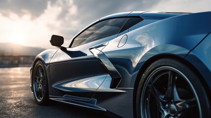 Fototapeta premium Side view of a new luxury sports car with sleek lines and metallic blue finish