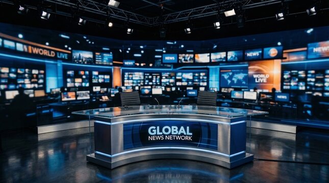 Television news studio with illuminated anchor desk and live broadcast screens. Concept of journalism, broadcasting, media production, breaking news, television and global communication. Generative AI