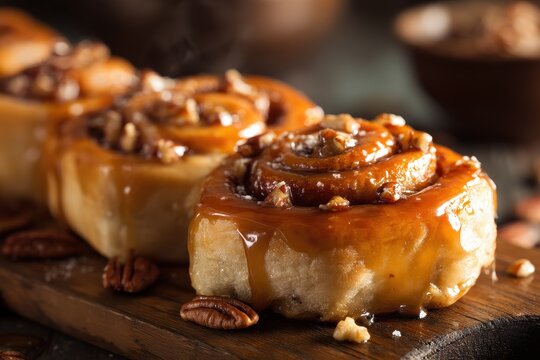 Soft fluffy sticky buns showcased with caramel glaze and nuts on a kitchen board