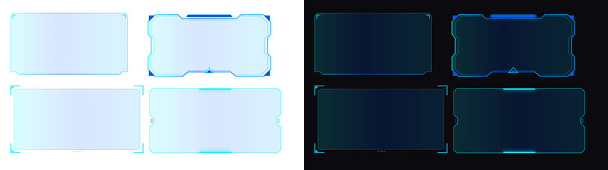 PNG image collection of six futuristic holographic user interface frames, featuring sleek geometric tech hud designs and glowing blue accents, on transparent background. © MariaAlam
