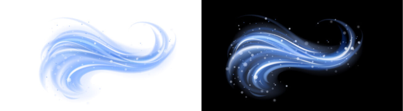 PNG image of&nbsp;A dynamic blue swirling wind effect with sparkling snowflakes, perfect for frosty winter or cold weather designs on transparent background.