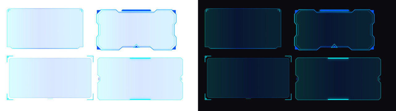 PNG image collection of six futuristic holographic user interface frames, featuring sleek geometric tech hud designs and glowing blue accents, on transparent background.
