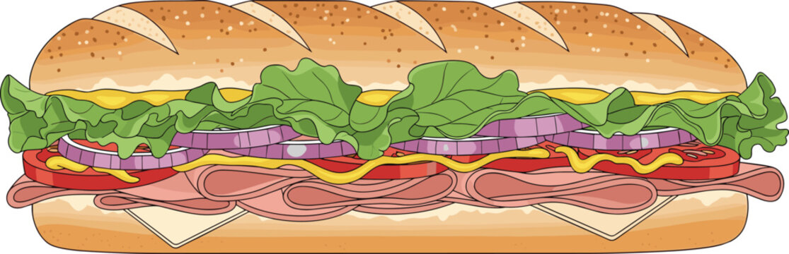  Delicious sub sandwich with ham cheese lettuce tomato onion mustard fast food vector illustration design