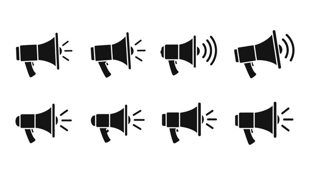 A collection of black megaphone icons in varying positions emitting sound waves presented on a white background silhouette high quality professional