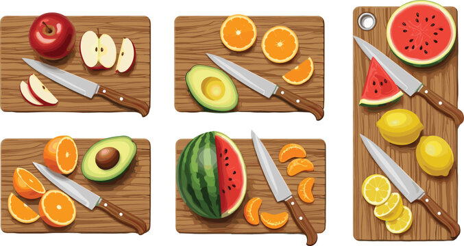Fresh fruits cutting on wooden boards apple orange avocado watermelon lemon slices food preparation vector illustration set
