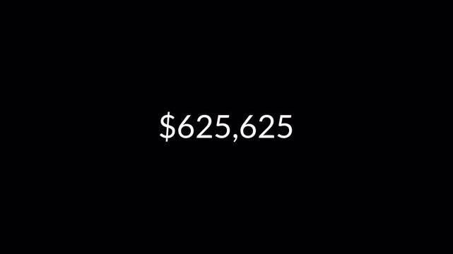 dollar counter animation from 0 to 1,000,000 on a black background. dollar calculating from zero to one million showing financial growth.