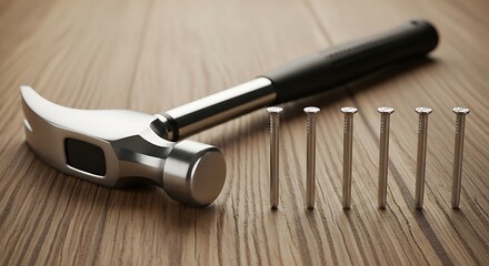 Naklejka premium Close-up of a Hammer and Nails on a Wooden Surface.