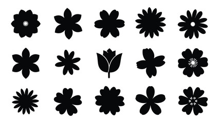 A collection of diverse floral designs presented as striking black shapes against a white background silhouette high quality professional detailed modern © MDRian
