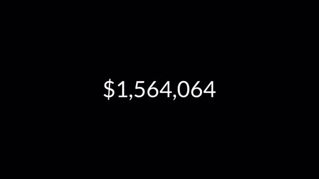 dollar counter animation from 0 to 2,500,000 on a black background. dollar calculating from zero to twenty five lakh showing financial growth.