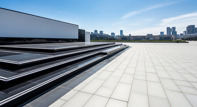 Modern architectural plaza with geometric steps and city skyline under a clear blue sky