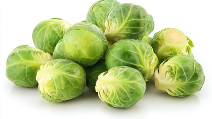 Fototapeta premium Fresh Brussels Sprouts and Savoy Cabbage Leaves on White Surface
