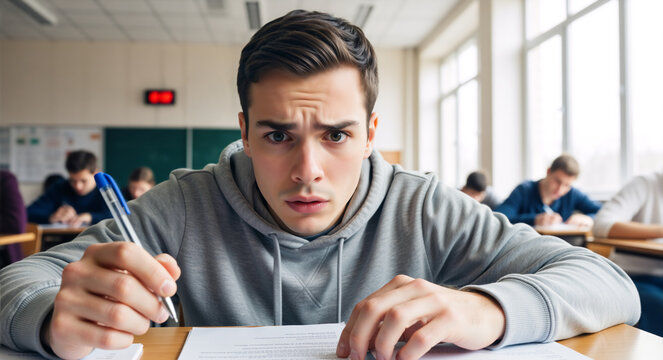 Shocked male student looking at a difficult exam paper in a classroom. Surprised young man taking a test at university