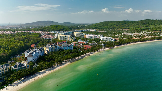 Kem Beach, Phu Quoc Island, An Giang (Kien Giang), Vietnam &ndash; 4K Aerial Drone View of Tropical Beaches, Turquoise Water, Sandy Shoreline, Resorts, Rocky Coast, Coral Reefs, Coastal Forest