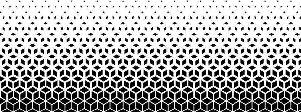 Cubic shapes pattern with gradient effect. Vanishing repeated cubes in isometric projection. Minimalistic abstract geometric print. Wallpaper with faded diamond forms. Vector graphic illustration.