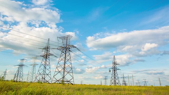 Timelapse of large power line towers on a sunny day with beautiful clouds