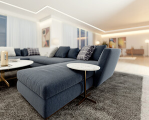 Naklejka premium 3D render, illustration Luxury modern living room interior, realistic lighting, wide angle, contemporary furniture, clean lines, minimalist decor, elegant home design, large window