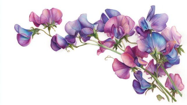 A beautiful illustration of colorful sweet pea flowers on a white background