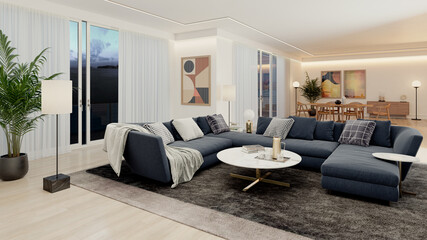 Obraz premium 3D render, illustration Luxury modern living room interior, realistic lighting, wide angle, contemporary furniture, clean lines, minimalist decor, elegant home design, large window