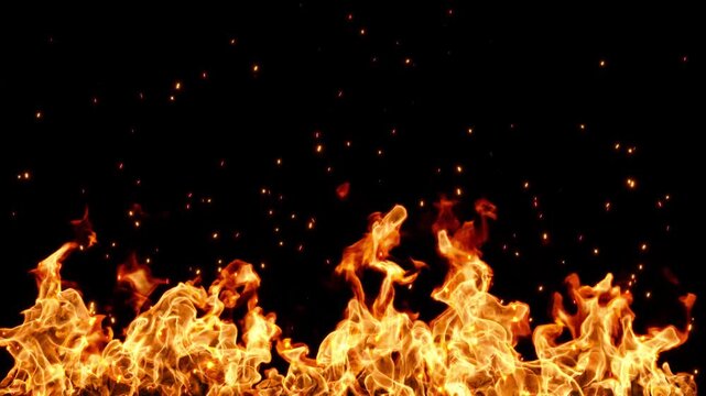 Burning flames fiery sparks motion on black backgrounds rendering