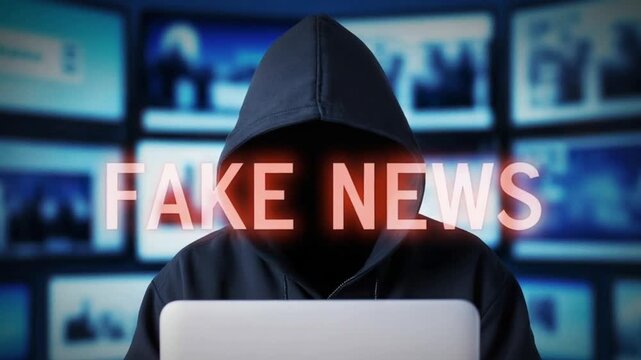 Fake News Concept with Hacker Using Laptop and Multiple Screens - Cybersecurity Threat Hacker Generating Fake News Content